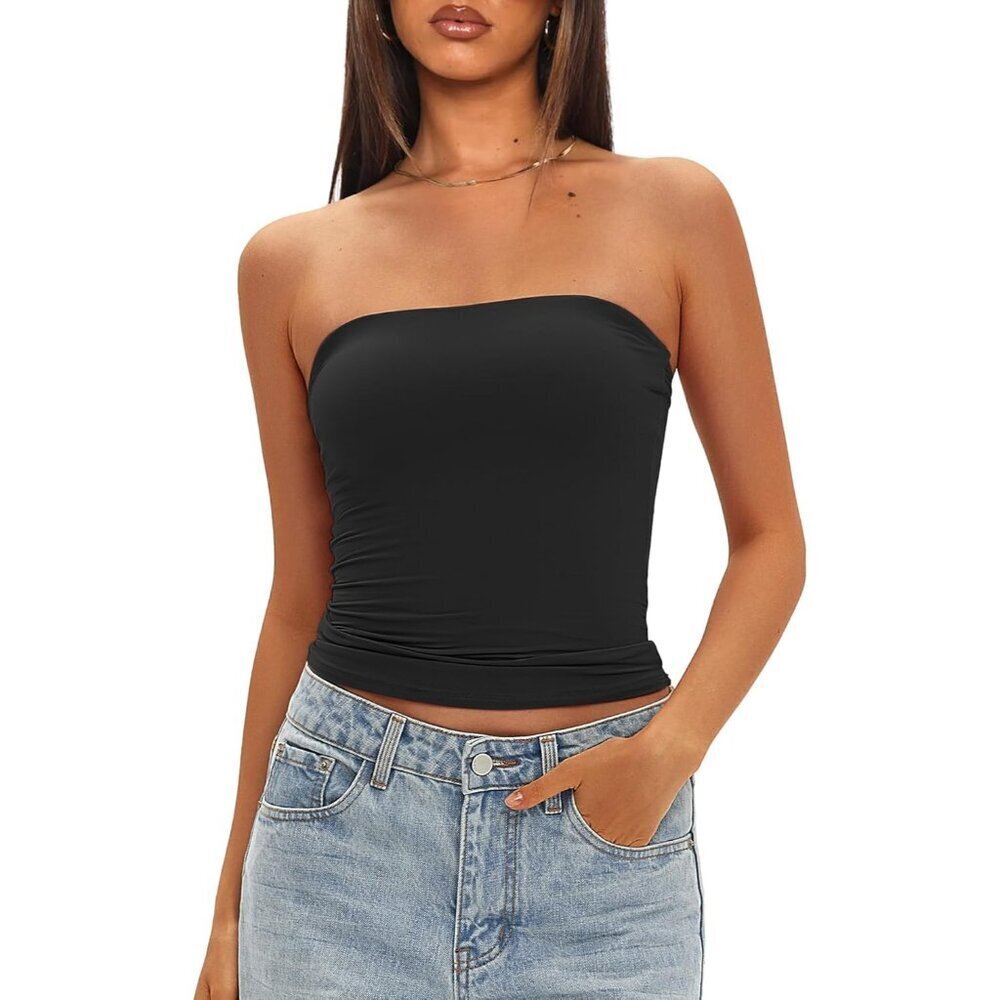 Women's Padded Tube Top Double Lined Strapless Crop Tank Basic Black Medium